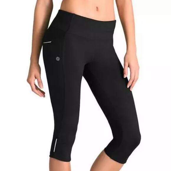 Athleta Be Free Knicker EUC Black XS White Reflectors Capri Side Stash Pocket - Picture 1 of 10